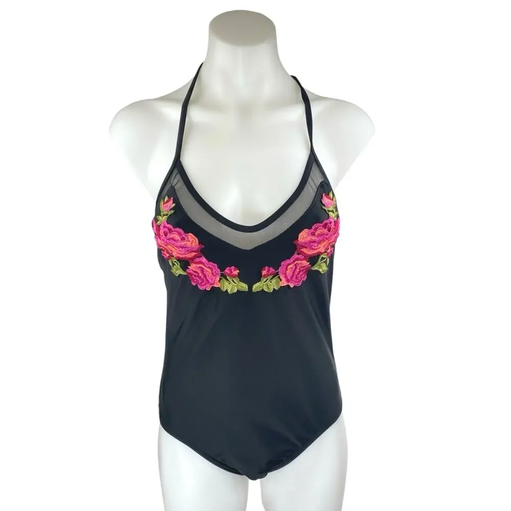 Xhilaration Black Floral Embroidered Mesh Strappy One Piece Swimsuit Swimwear M